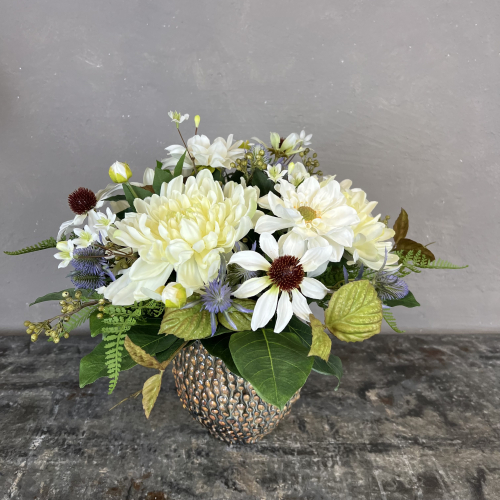 Kunstig Buket - Rustik Hvid m. Solhat (Video buket)